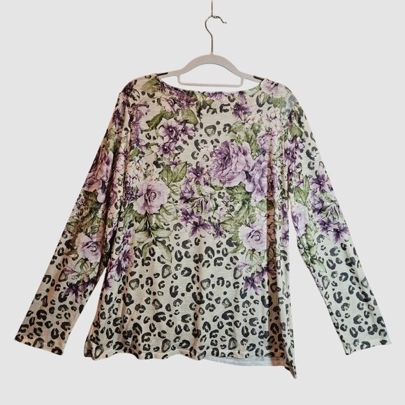 Time & Tru Womens Top XL Long Sleeve Floral Leopard Print Gathered Hem colorful - Picture 2 of 11